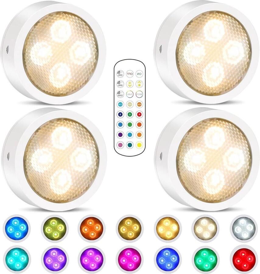 Puck Lights met afstandsbediening en timer keukenverlichting batterij aangedreven LED kastverlichting draadloze tellers RGB gekleurde Display Lights 4 Pack