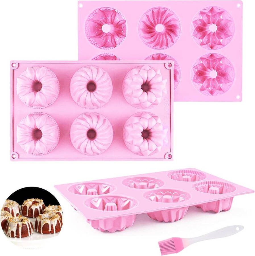 Puddingvorm Mini Tulbandvorm siliconen 3 stuks met oliepenseel Roze Muffinvormpjes Cakevorm Donutvorm Cupcakevormen Bakvorm diameter 7 cm Herbruikbaar Doe-het-zelf bakken Dessert puddingvorm