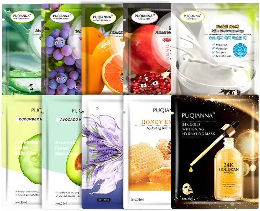 PUQIANNA beauty gezichtsmasker 10 stuks Anti-rimpel Huidbevochtiger met aloë vera-extract Collageenhuid Diep hydraterend Vlekverheldering Gezichtsmasker om de poriën te reinigen Voor een stralende huid Voedt levenloze huid dode huid
