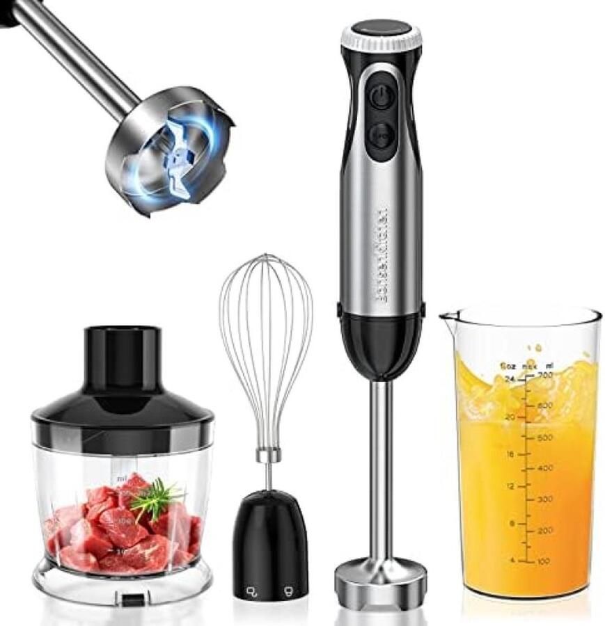 Pureerstaaf 4-en-1 staafmixer elektrisch 1000 W roestvrij staal garde 500 ml hakbeker en 700 ml maatbeker voor babyvoeding