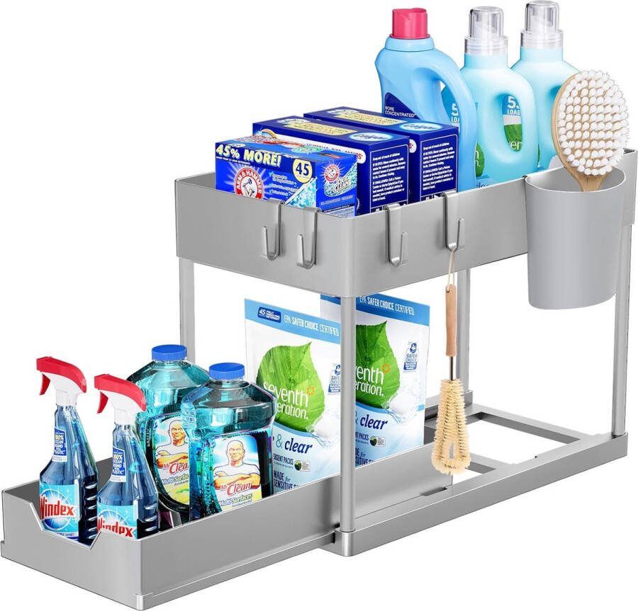 Puricon Opbergrek voor onder de gootsteen keukenopberger 2 niveaus met uitschuiflade multifunctioneel opbergrek voor badkamer aanrecht wasruimte Grijs