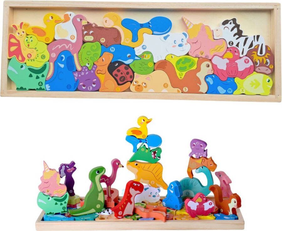 Puzzelen bouwen en spelen met houten dieren Jigsaw puzzel Bouwen speelgoed – Balansspel Creatief kinderen Creatief speelgoed Safari dieren Houten speelgoed Creatief Bouwen Houten dieren speelgoed Blokken Bouwblokken