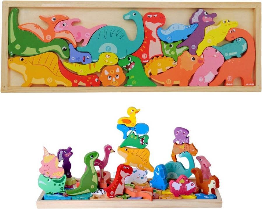 Puzzelen bouwen en spelen met houten dino's Jigsaw puzzel Bouwen speelgoed – Balansspel Creatief kinderen Creatief speelgoed dinosaurus Houten speelgoed Creatief Bouwen Houten dieren speelgoed Blokken Bouwblokken -dino