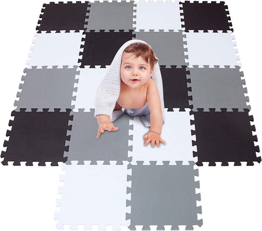 Puzzelmat speelmat schuimrubber puzzel kindertapijt vloer puzzel kruipen speelmat voor babykinderen veilig te gebruiken zwart-wit-grijs 18 stuks
