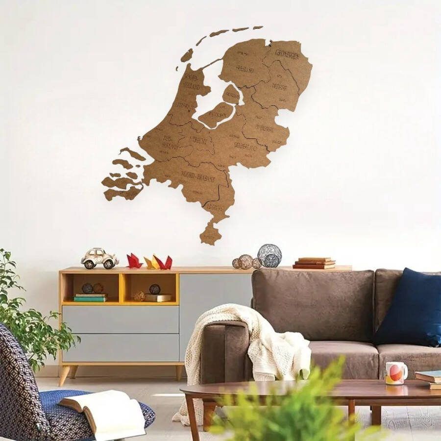 Puzzle Kaart Nederland muurdecoratie Wanddecoratie Bruin Houten art Muurdecoratie Line art Wall art Bohemian Wandborden Woonkamer 70x50 cm