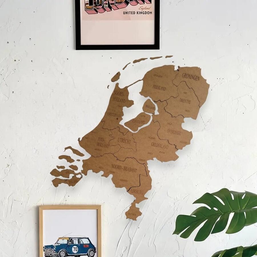 Puzzle Kaart Nederland muurdecoratie Wanddecoratie Bruin Houten art Muurdecoratie Line art Wall art Bohemian Wandborden Woonkamer 70x50 cm