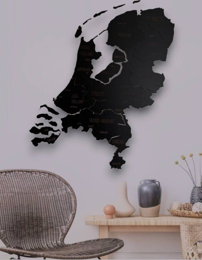 Puzzle Kaart Nederland muurdecoratie Wanddecoratie Zwart Houten art Muurdecoratie Line art Wall art Bohemian Wandborden Woonkamer 70x50 cm