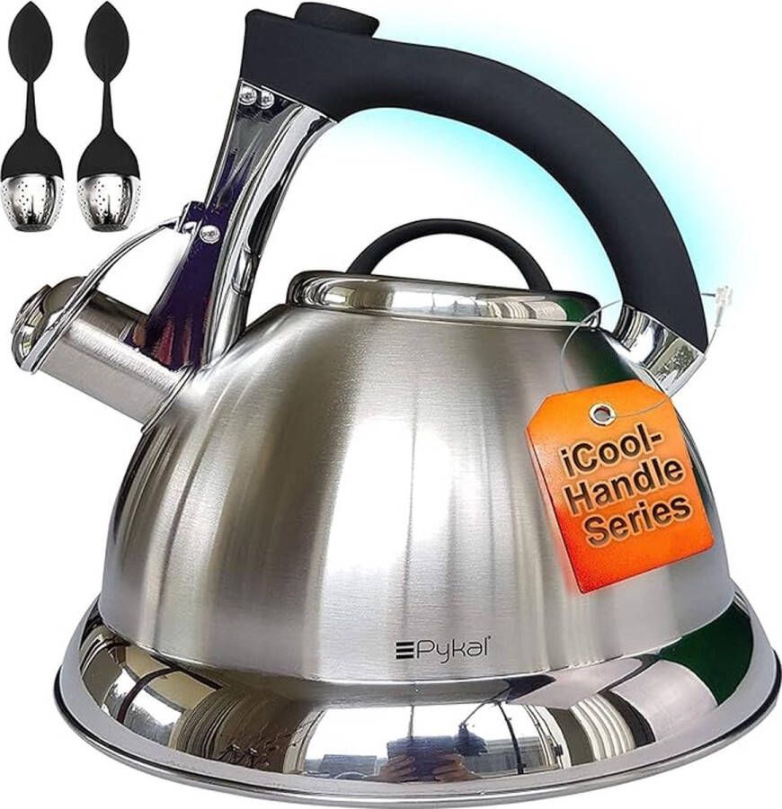 PYKAL Fluitketel 3 liter RVS theeketel met iCool handvat 5-wandige ketel theepot met dubbele theezeef ook voor inductie gasfornuis of houtkachel