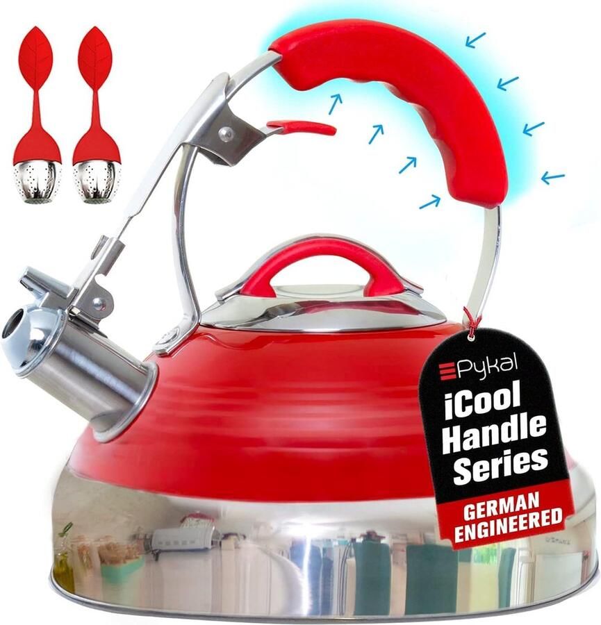 Pykal Fluitketel Retro 2 6 L Vintage roestvrijstalen theeketel met iCool-handgreeptechnologie in rood Fluitketel Kachelketel voor inductie of gasfornuis