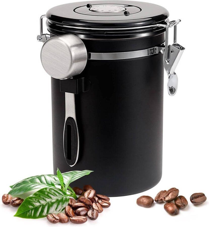 QH-Shop Koffieblik luchtdicht 18 l roestvrij staal koffiecontainer aromadoos koffie voorraaddoos roestvrij stalen lepel koffiebonen poeder thee noten zwart