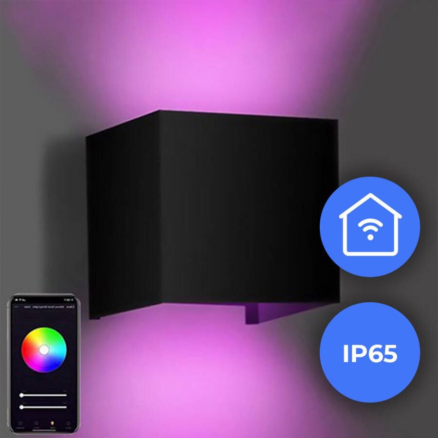 Qube Wifi Kubus Slimme Wandlamp Binnen & Buiten Zwart IP65 Waterdicht Smart Lamp Multicolor Sfeerverlichting LED RGBW 6 Watt 230V Muurlamp Woonkamer of Slaapkamer – Wandverlichting voor Binnen en Buiten