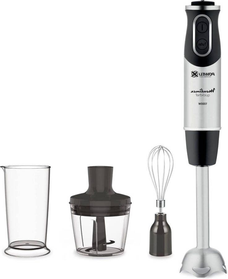 Quickchef 3-in-1 staafmixer 1000 W met Powelix-technologie 10 snelheden 3 accessoires 800 ml beker 500 ml hakmolen garde roestvrij stalen messen