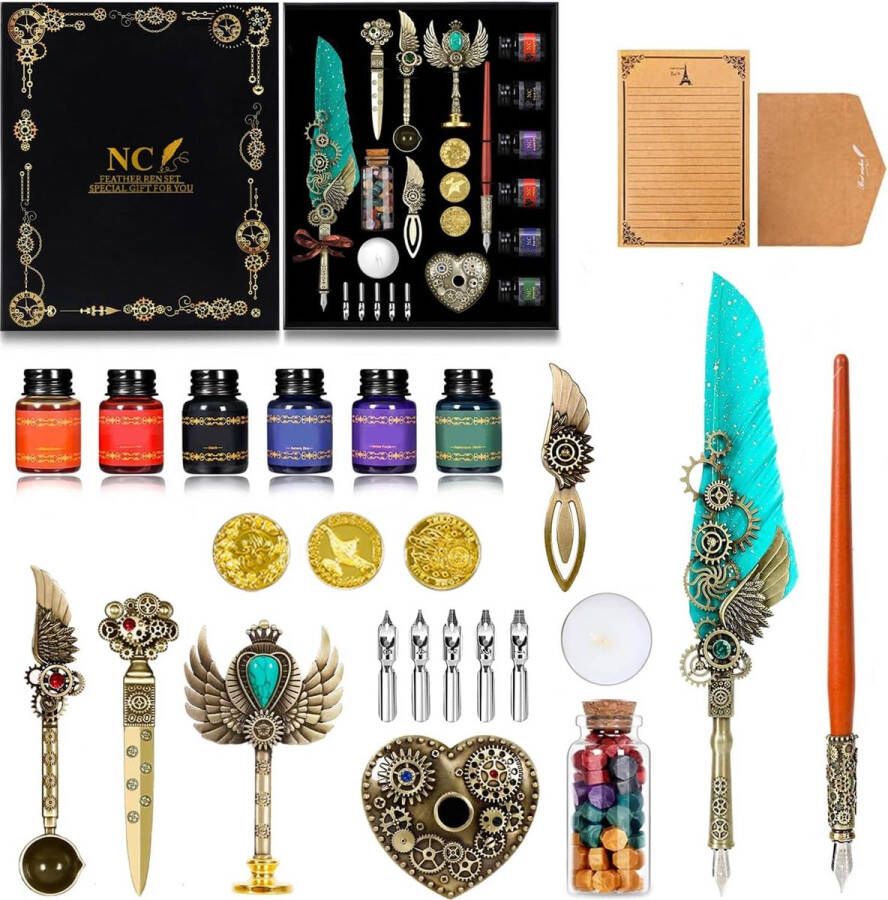 Quill Pen Inktset veren Pen Set Houten Pen Set met Wax Seal Stempel Kit Kalligrafie Pennen Set voor Beginners Vintage Geschenken voor Handschrift Liefhebbers Verjaardag Kerstmis Valentijnsdag