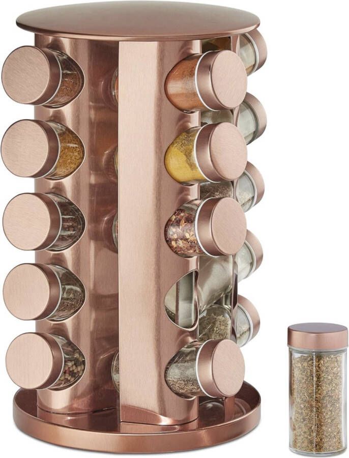 Raaibaar kruidenrek met 20 potjes groot staand rvs glas HxD 34 x 22 cm kruidencarrousel rond koper