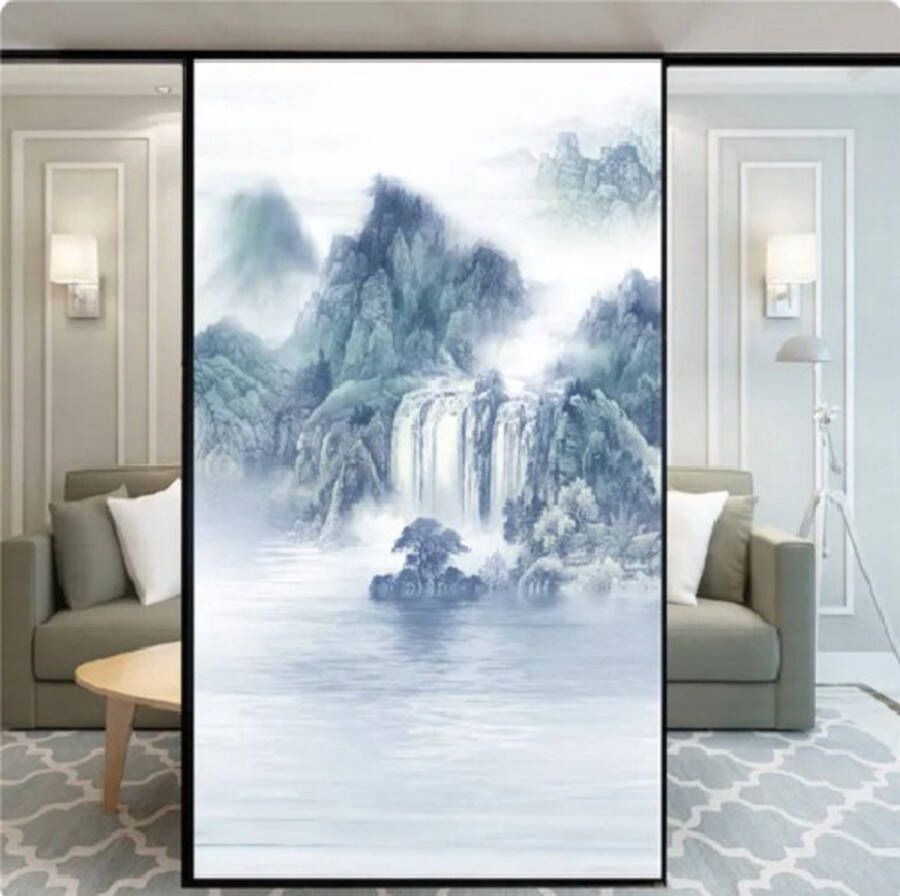 Raamfolie landschap bergen waterval mist 60 x 120 cm