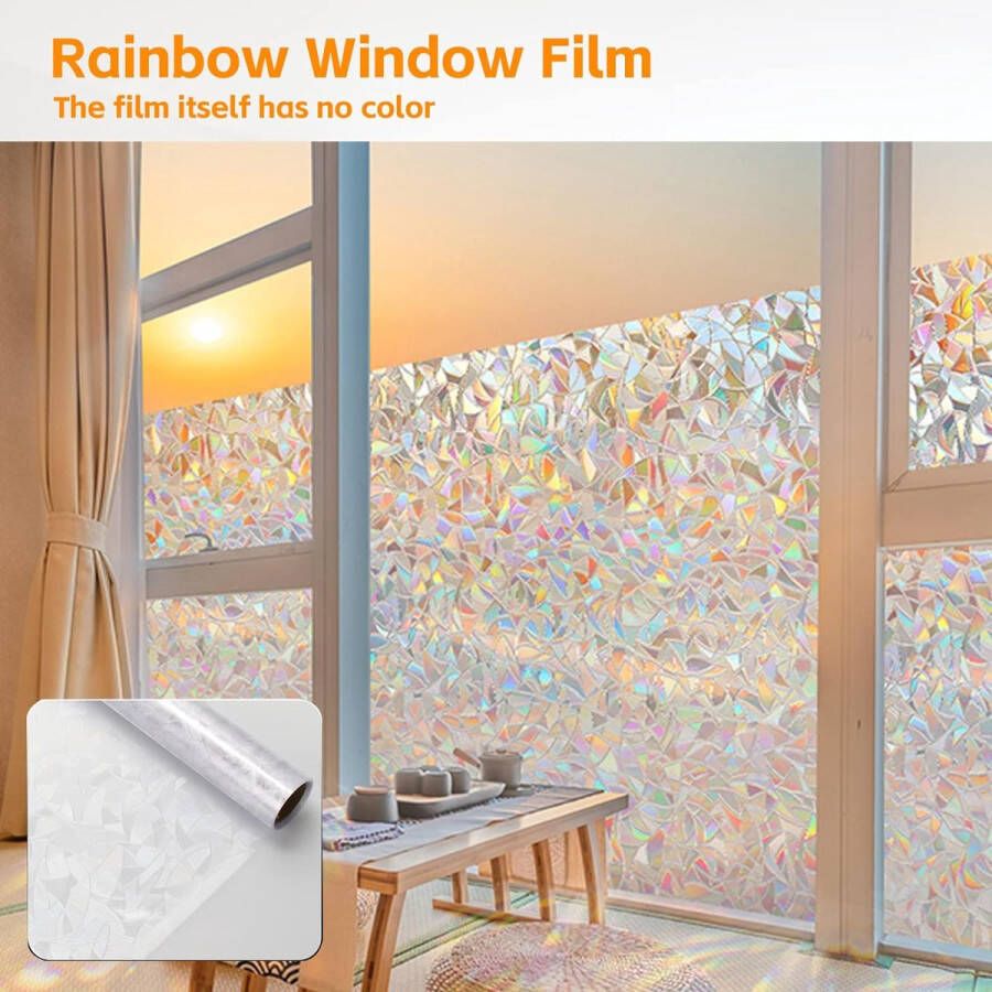 Raamfolie Window Privacy Film 44.5 x 220 cm Zelfklevende Vensterfolie met Statische Hechting 3D Regenboog Decoratieve Folie voor Kantoor Thuis Keuken