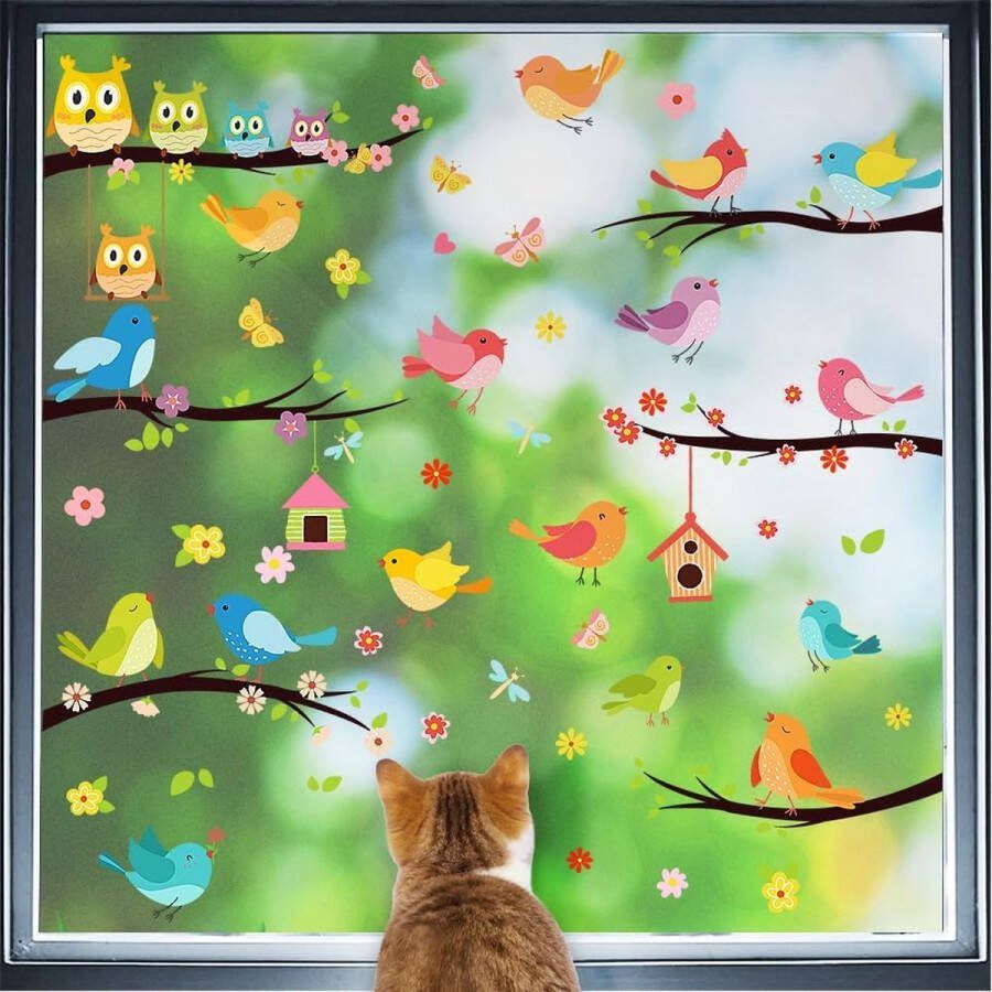 Raamstickers 2 vellen voor lente grote raamstickers zelfklevend vlinders raamfolie decoratie vogels raamdecoratie vogels lenteramen raamdecoratie
