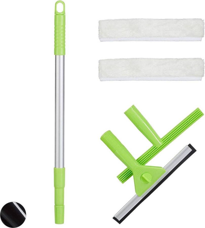 Raamtrekker set 5-delig telescopische steel professioneel 2 hoezen inwasser groen ramenwasser telescopische