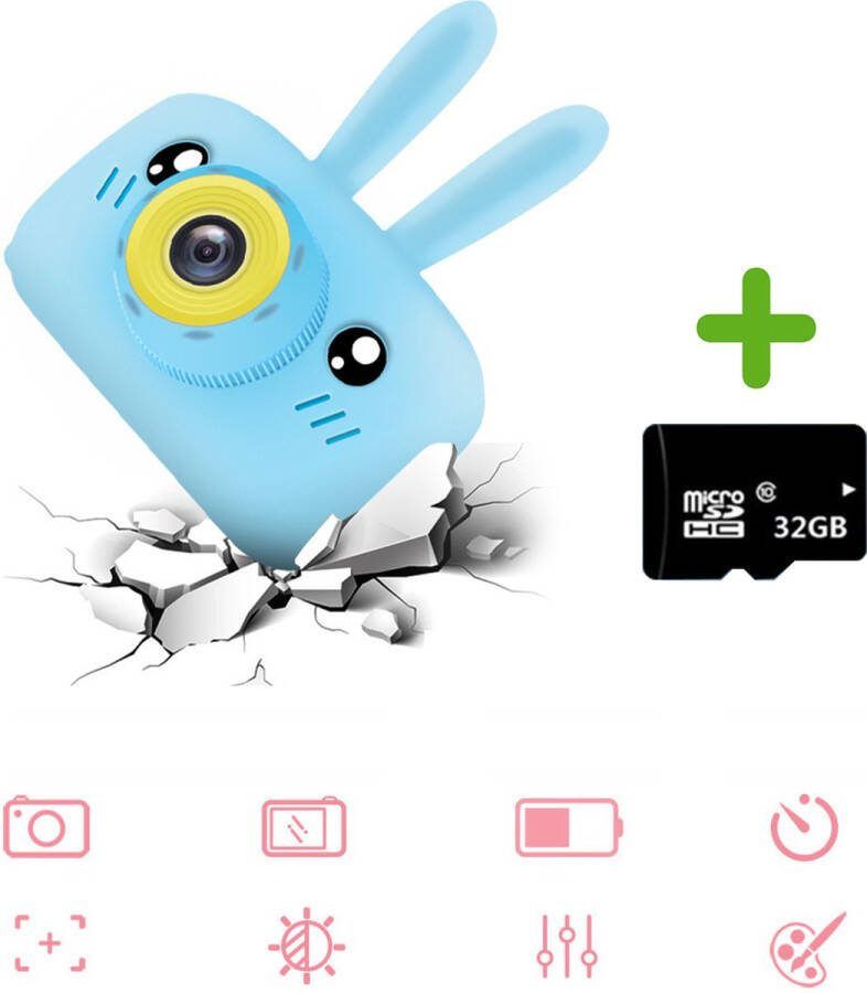 Rabbit Kindercamera Full HD 1080P Inclusief 32GB Geheugenkaart Vlog camera Fototoestel voor kinderen Kinderfototoestel Blauw