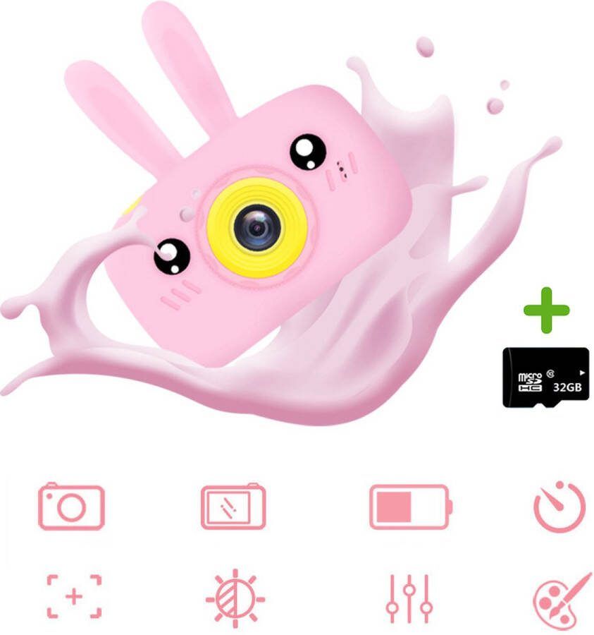 Rabbit Kindercamera Full HD 1080P Inclusief 32GB Geheugenkaart Vlog camera Fototoestel voor kinderen Kinderfototoestel Roze