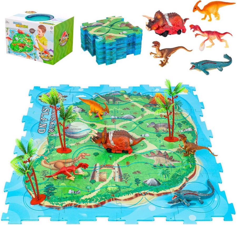 Racebaan dinosaurusspeelgoed voor kinderen set van 25 dinosaurussen met plastic dinosauruspuzzel 1 elektrische motorauto en 4 dinosaurusfiguren educatieve speelset voor kinderen