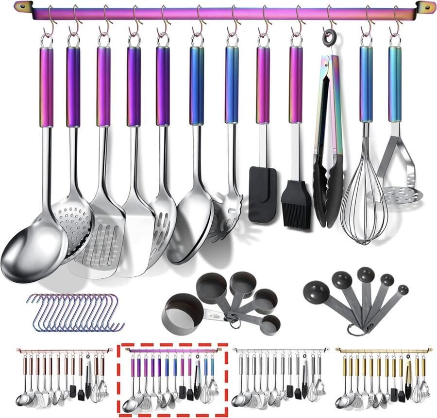 Rainbow Keukengerei Set 38 Stuks Roestvrij Staal Kookgerei Set Keuken Gadgets Met houder en haken om keukengerei op te hangen Vaatwasserbestending Merk: Berglander