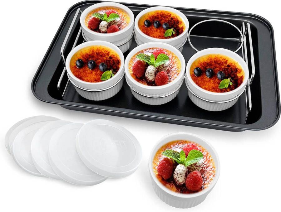 Ramekin-set met 6 siliconen deksels creme brulee-maakset 304 roestvrijstalen hefrek en bakvorm van 25 5 x 37 3 cm set van 6 porseleinen schaaltjes ovenvaste afgedekte kommen