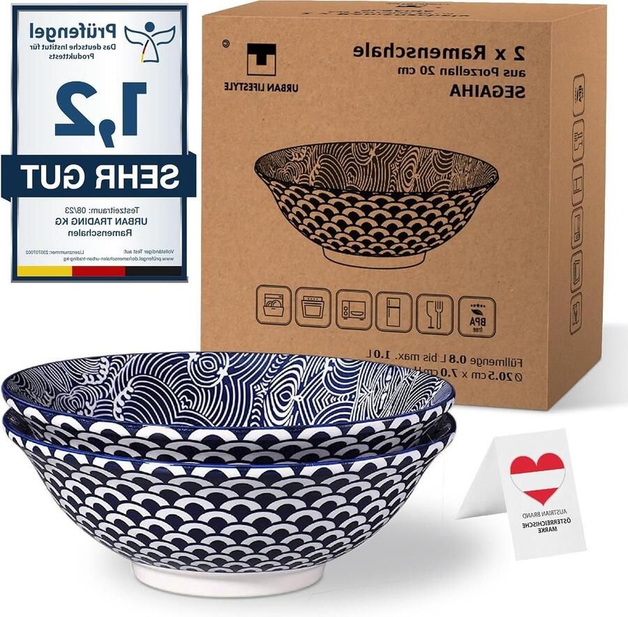Ramen Bowl 2-delig porselein schalen set 1.0 L 20cm soepkom salade kom pho soep kom noedelkom mueslikom Japans