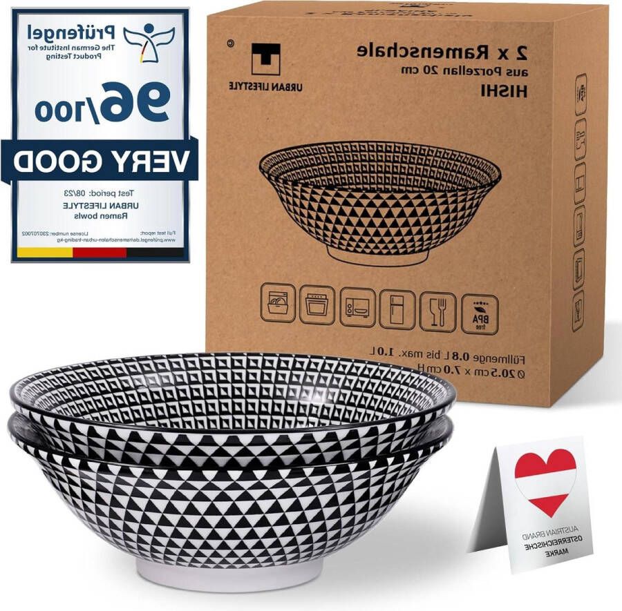 Ramen Bowl 2-delig porselein schalen set 1.0 L 20cm-soepkom saladekom pho-soep kom ramen noedelkom mueslikom Japans (Hishi)