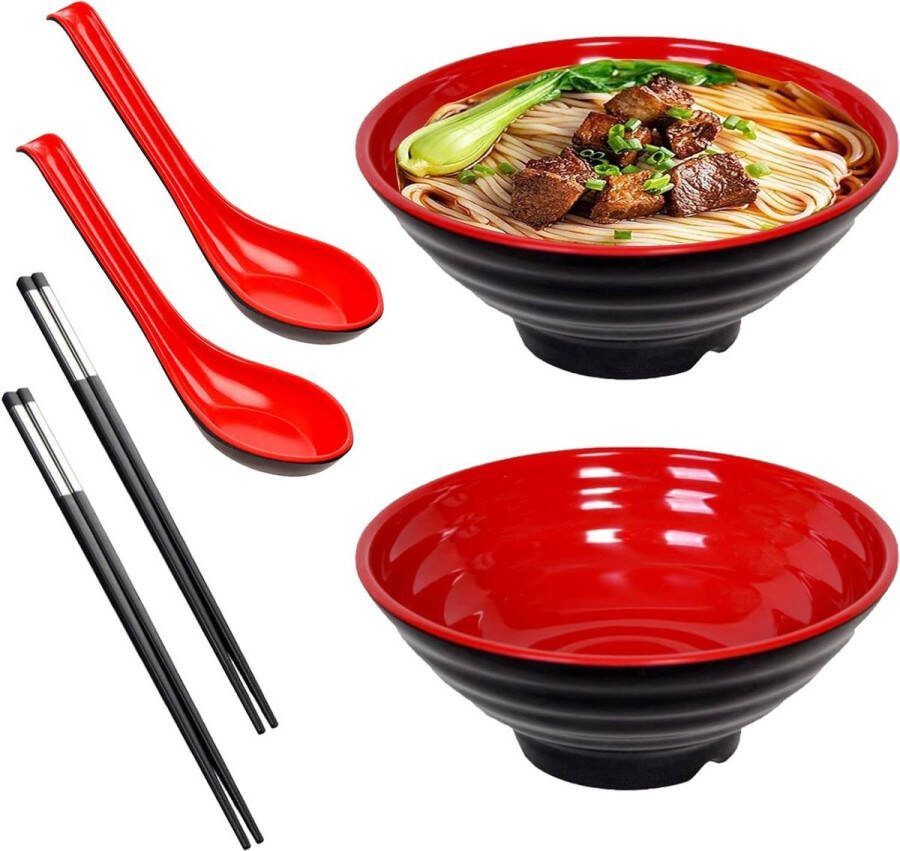 Ramen Bowl 2 Stuks Japanse 20 cm Soepkom Set met Eetstokjes en Lepels Melamine Ramenkom voor Pasta Fruit Salade