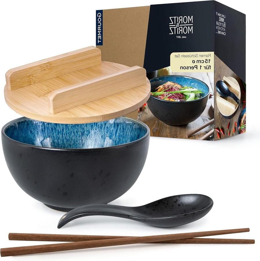 Ramen Bowl Blue Reagent met deksel en zwarte lepel voor 1 persoon Soep Pho Sushi Bowl