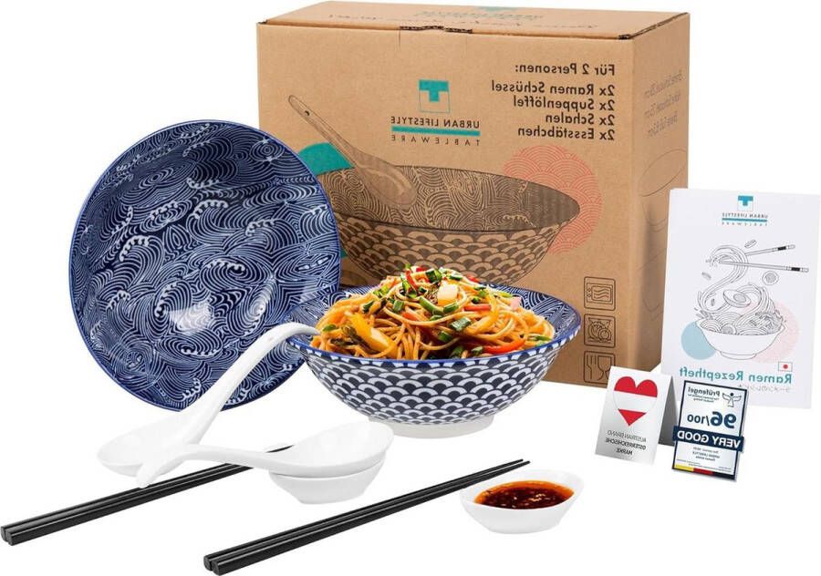 Ramen Bowl Dinerset voor 2 Personen Porselein 20cm 0.8-1 L Soepkom Saladeschaal Pho Noedels Mueslikommen