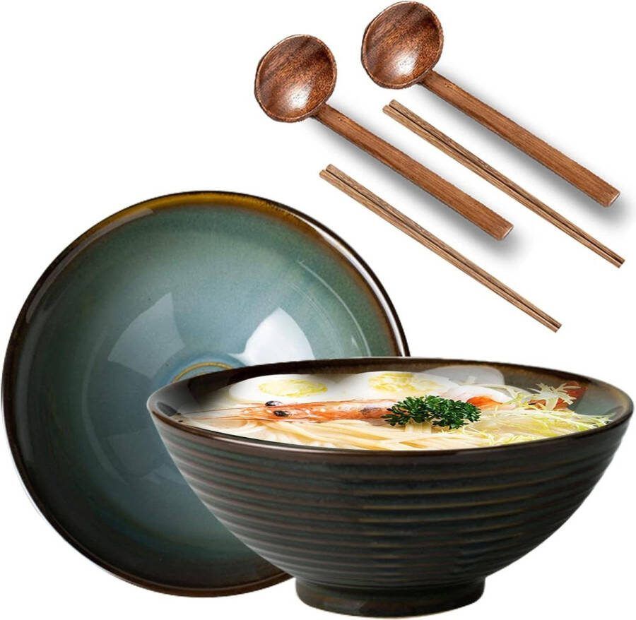 Ramen Bowl Japanse Keramiek Soepkommen Set 2 Stuks 1200 ml Met Lepel en Eetstokjes Muesli Soep Salade Pasta