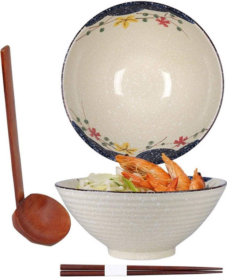 Ramen Bowl Japanse keramieken kom met lepel en eetstokjes 1200 ml soepkom vintage ramenschaal Aziatisch servies