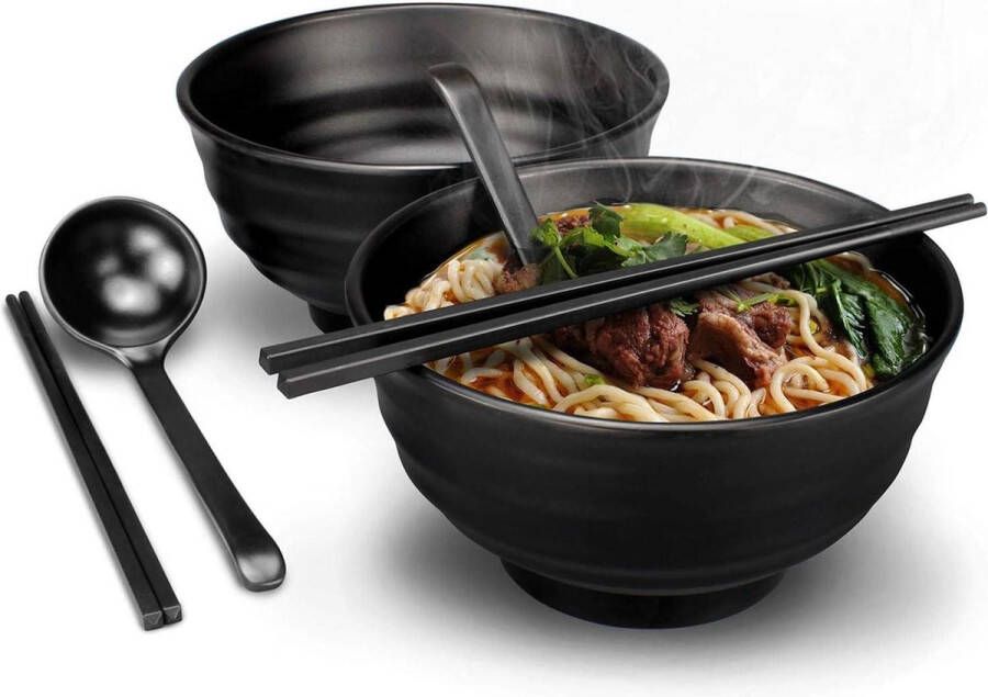 Ramen Bowl Japanse ramenkommenset 90 ml zwart antislip soepkom lepel en eetstokjes pasta fruit pastasalade 2 sets (6 stuks)