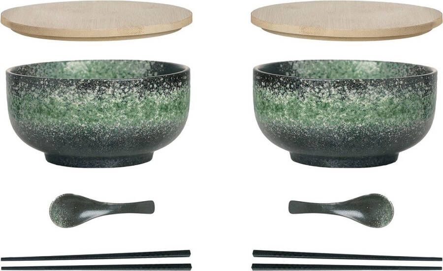 Ramen bowl keramiek 2 sets met lepel eetstokjes 1100 ML grote soepkom slakommen voor soep pho en sushi bowl Groene kom 2 set
