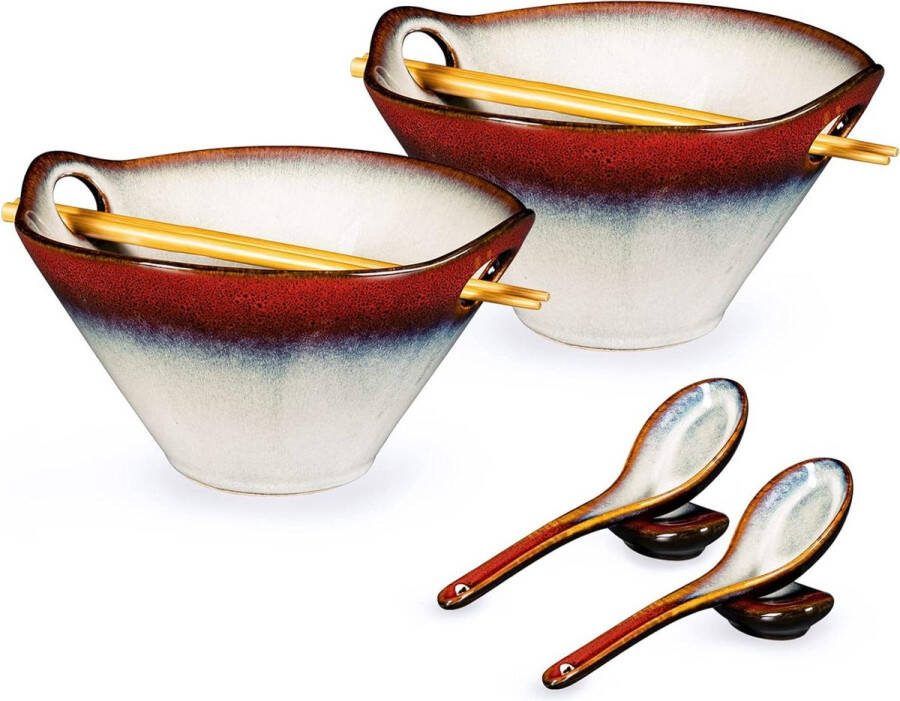 Ramen Bowl Keramische 780 ml Kom Set Ramen Noedels Soepkommen Eetstokjes Lepels Lepelrust Japans Servies Aziatische Levensmiddelen Pasta Gradient Rood
