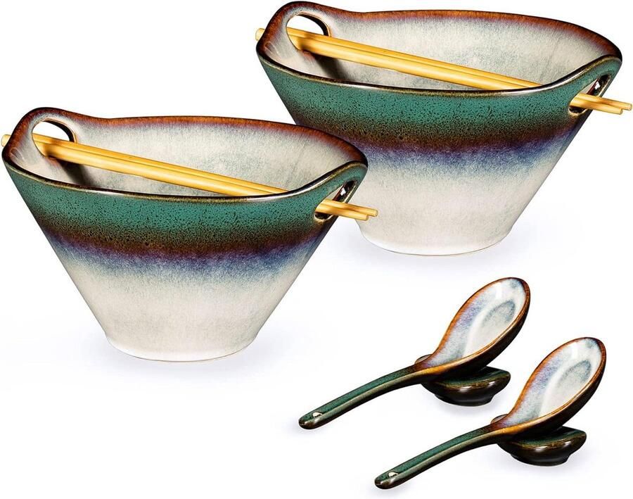 Ramen Bowl 780 ml keramische soepkommen eetstokjes lepel lepelrust Japans servies Aziatische levensmiddelen pasta gradient groen set van 2