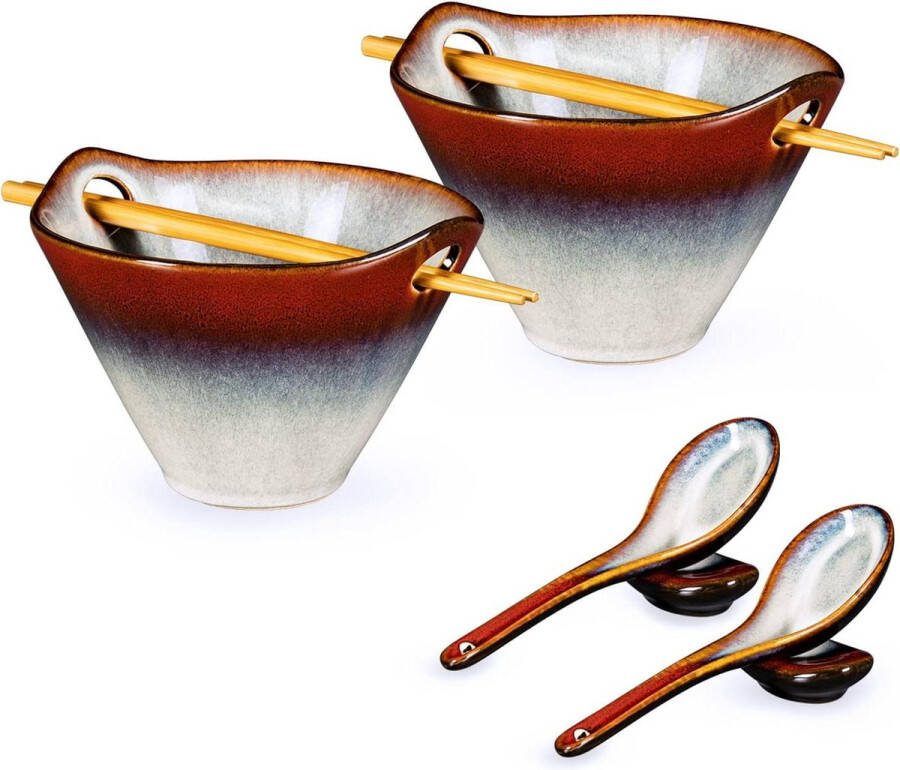 Ramen Bowl keramische kom set voor Aziatische levensmiddelen 600 ml noedels soepkommen eetstokjes lepels lepelrust Japans servies pasta gradient rood