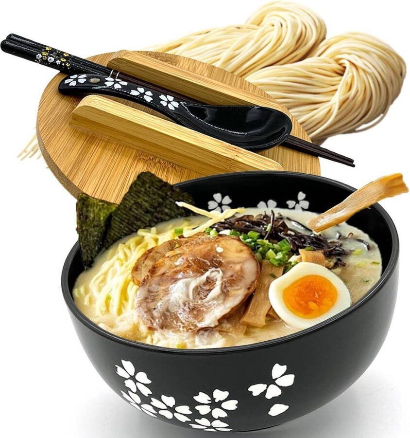 Ramen Bowl keramische kommenset instant noedelschaal met deksel eetstokjes soeplepel Aziatisch servies Pho soepkommen slakom mueslikommen Japanse noodle serviesset zwart