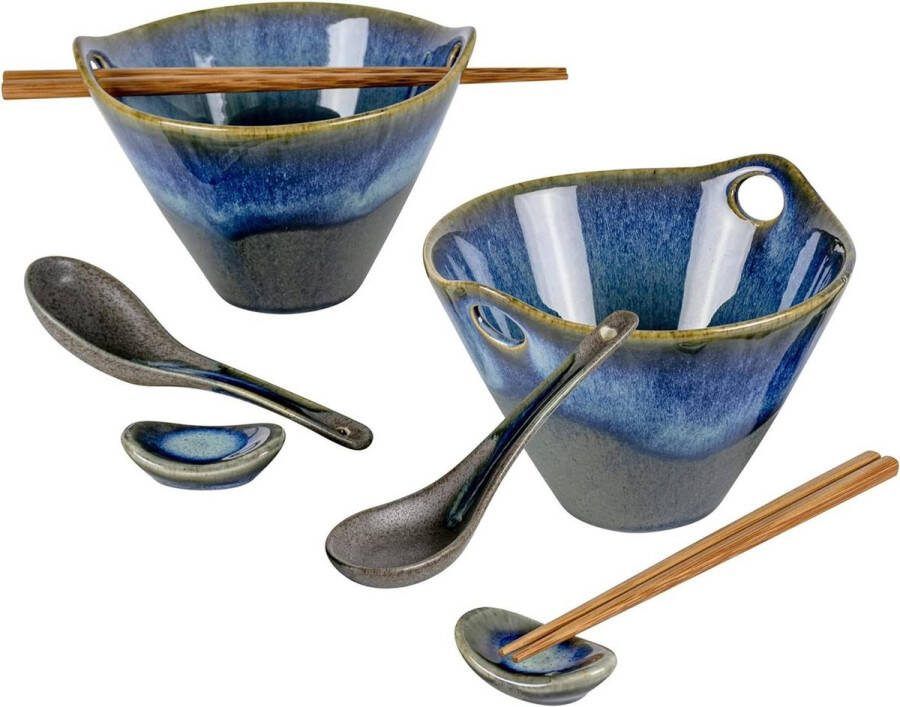 Ramen Bowl Keramische Soepkommen Set Japanse Noedelkommen met Lepels Vorken en Eetstokjes 2 x 600 ml Voor Granen Salade en Soep