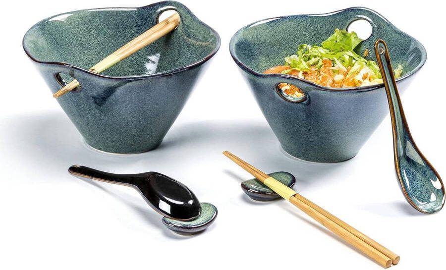 Ramen Bowl Keramische soepkommen set met lepels-vorken-eetstokjes voor noedelkommen-granen-salade-soep-600ml-600ml-magnetronbestendig-groen