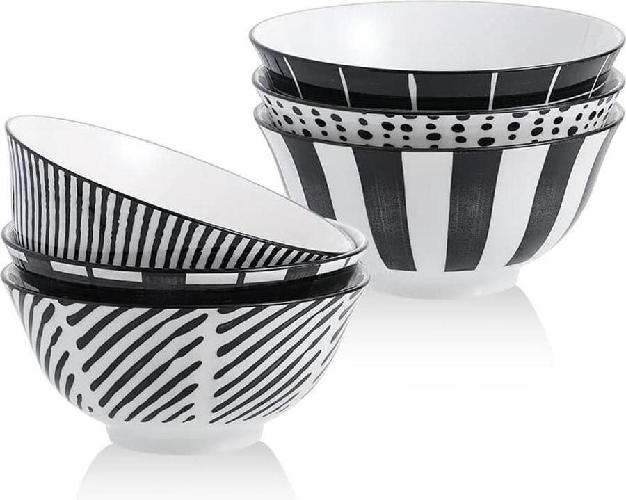 Ramen Bowl Porseleinen Soepkommen Keramische Kommenset 652 g 15 cm Zwart en Wit Salade-Zwarte Noedels-Pho-Haver-Havermout