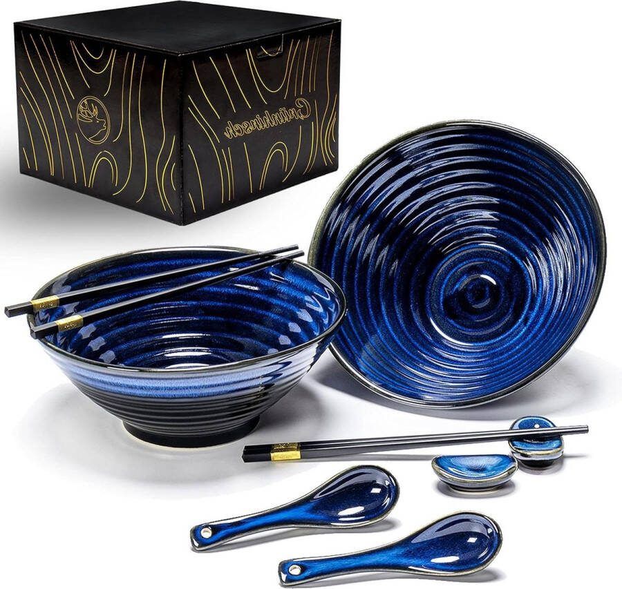 Ramen Bowl Premium keramische schaal 8-delige set met eetstokjes & frame lepel soepkom incl. e-book met lekkere recepten