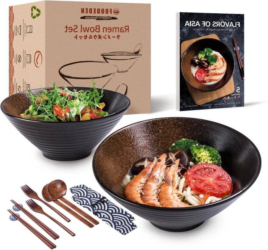 Ramen Bowl Set of 2 1500ml Japanese Ceramic Noodle Bowls with Spoons Chopstick Kits Included for Soup Cereal Pasta Pho Udon Mixing Salad and Snack Home Warming Gift