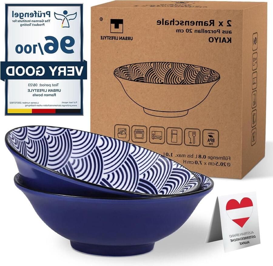 Ramen Bowl Set van 2-delige porseleinen kommen 1.0 L 20cm soepkom saladekom pho soepkom noedelkom mueslikom Japans Kaiyo