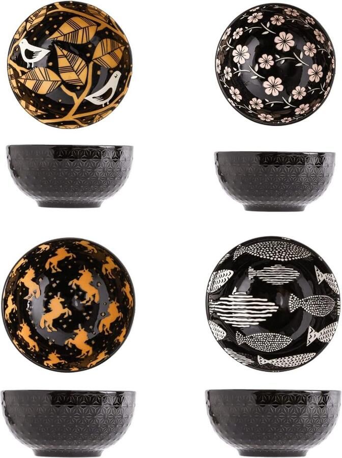 Ramen Bowl Set van 8 Magnetron- en vaatwasmachinebestendige Zwarte Herbruikbare Kunststof Schalen 116 cm