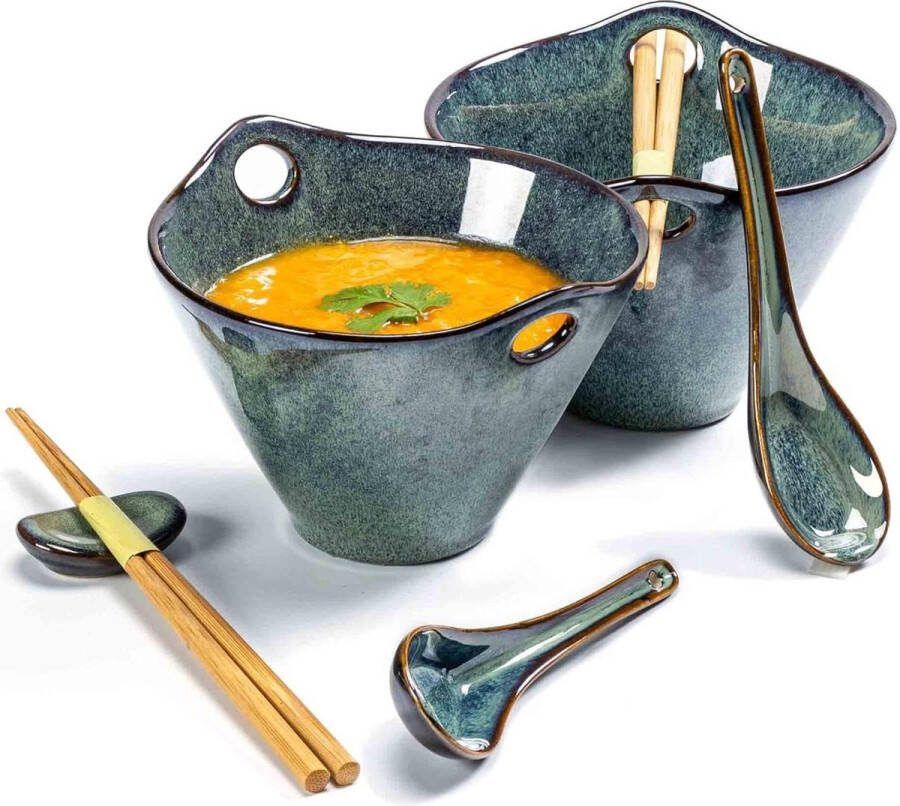 Ramen Bowl Vintage Noedels Soepkom Grote 600ml Porselein Lepel Eetstokjes Japanse Set van 2 voor Udon Soba Pho Aziatische Groen