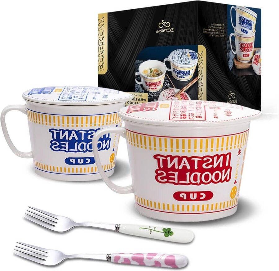 Ramen kom met deksel groot instant noedels keramiek soepkom met deksel en handvat set van 2 rood en blauw