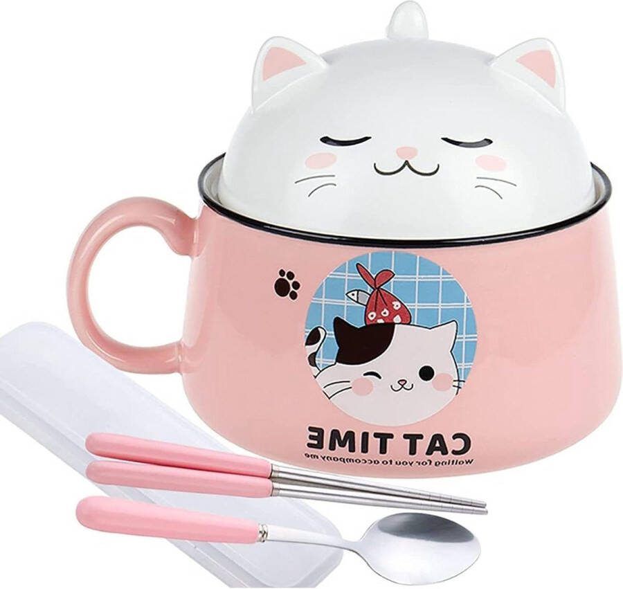 Ramenkom met deksel schattige kat instant noedelkom magnetron bestendig 34 oz eetstokjes en lepel keramische kom handvat salade soep groente fruit pasta dessert granen